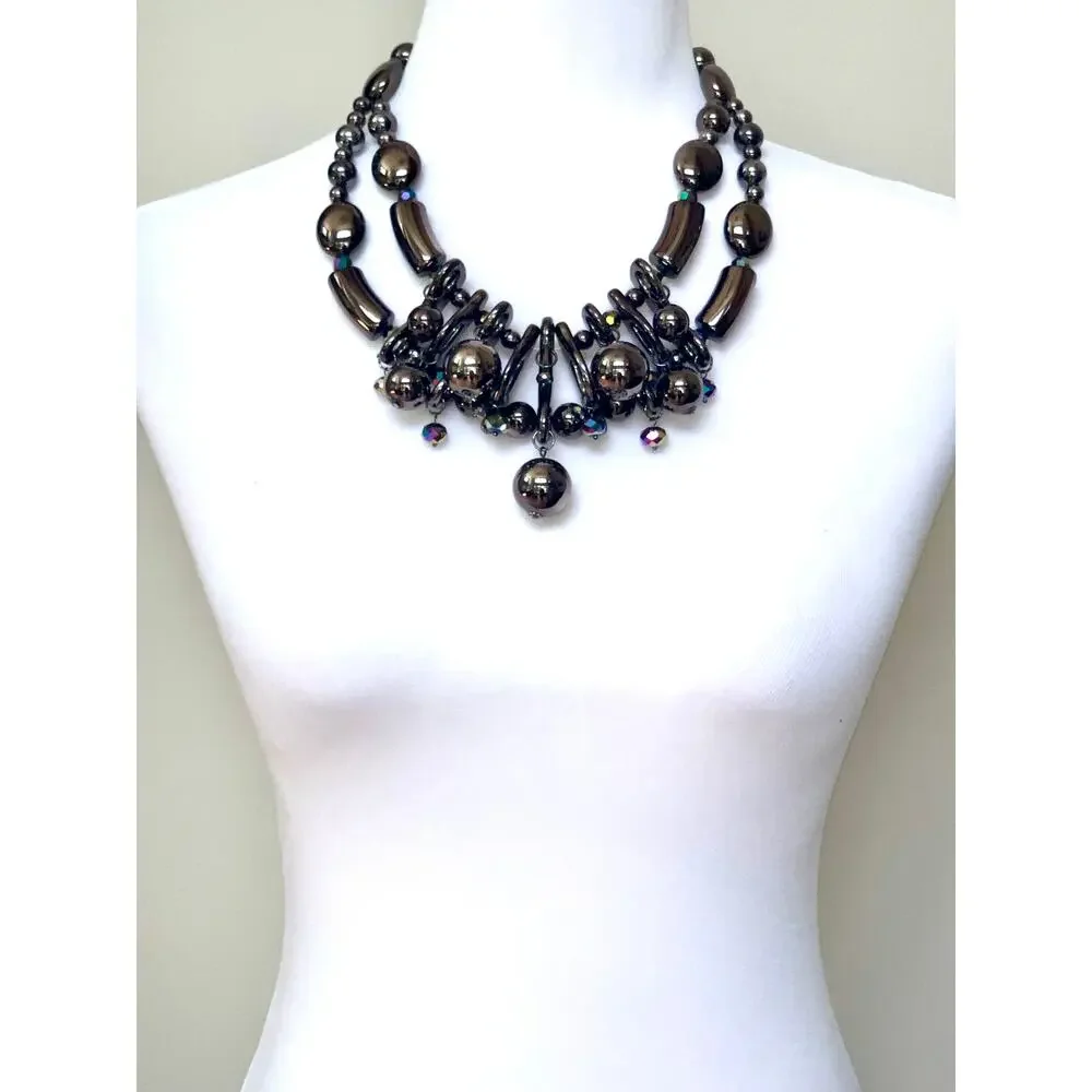 Vintage You & I Dark Metallic Chunky Beaded Statement Bib Necklace